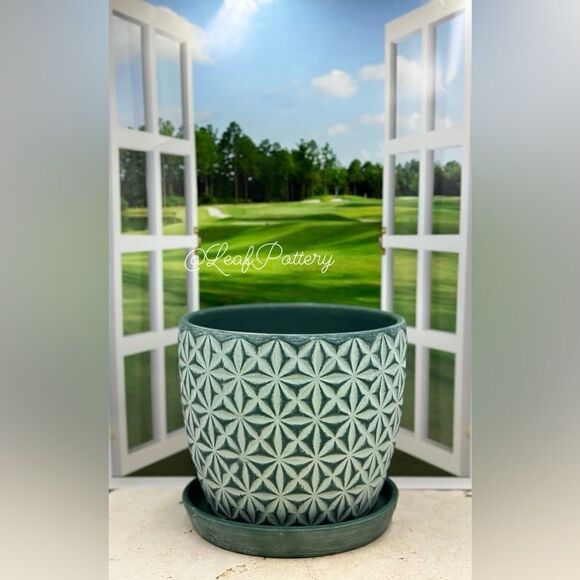 Martha Green Clay Planter Pot with Saucer Attached - Picture 2 of 9